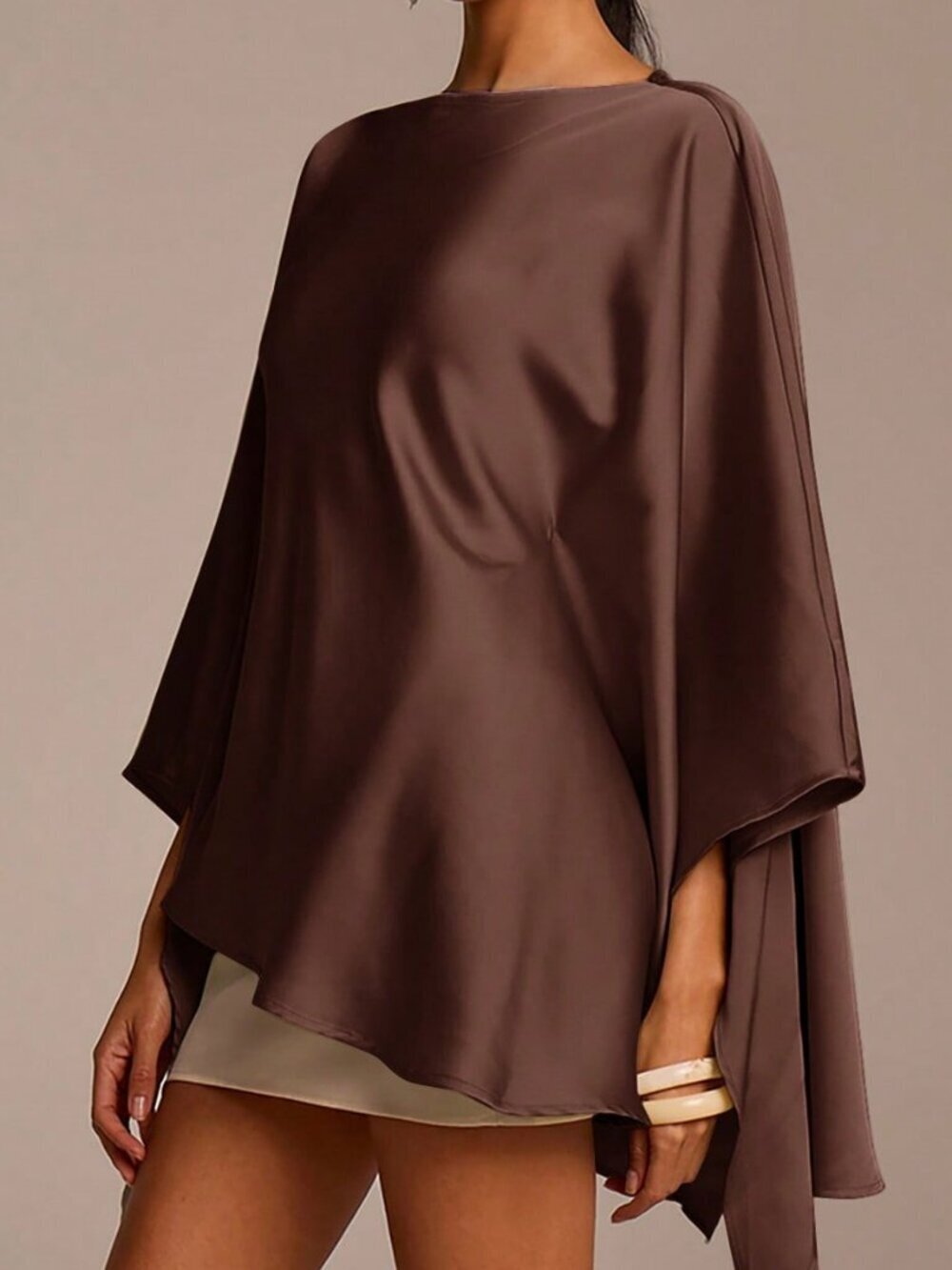 Brown Casual Women's Satin Asymmetric Hem Blouse with Long Sleeves